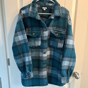 Dip Teal and White Plaid Shirt Jacket